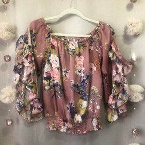 Off Shoulder Open Ruffle Sleeve Floral Top